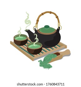 Traditional asian kettle and cup with matcha. Color flat cartoon illustration.