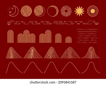 Traditional Asian landscape gold design elements collection, mountains, waves, clouds, sun, moon, stars. Vector illustration. Concept, clipart Chinese Lunar New Year, Mid Autumn Festival card, banner
