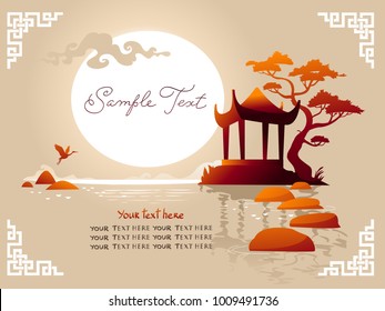 Traditional asian Landscape with pagoda, sunset and lake. Vector background.
