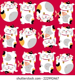 Traditional asian lucky cat. Maneki neko. background pattern. Vector illustration