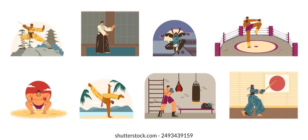 Set de Vector de artes marciales asiáticas tradicionales. Kendo, Ikido, Ninjutsu, Muay Thai, luchadores de sumo. Karate, Wushu, boxeo, lucha libre y práctica de Capoeira. Entrenamiento deportivo de combate japonés al aire libre, anillo de gimnasio