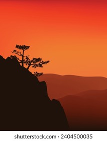 traditional asian mountain landscape with pine tree silhouette on rock cliff - dramatic sunset scene vector copy space background