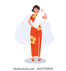 Traditional Asian New Year Advertising with Smiling Woman and Copy Space