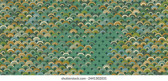 Traditional Asian ornament, abstract background in Japanese style, elegant design, simple wave texture, multi-colored pattern with gold frame