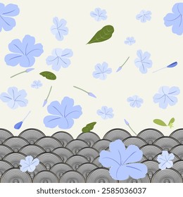 Traditional Asian ornament, abstract background in Japanese style, elegant design, simple wave texture. Oriental natural wave pattern with floral decoration design in vintage style. 
