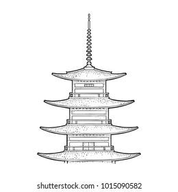 Traditional asian pagoda in Japan. Vintage black vector engraving illustration for poster, label, web. Isolated on white background. Hand drawn design element