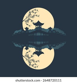 Traditional Asian pagoda with moon reflection in a calm lake, vector illustration.