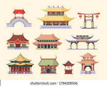 Traditional Asian palaces and temples set. Ancient Chinese style buildings two tiered roofed dragon tail arch bridges Japanese ritual pagodas Korean noble houses. Ethnic cartoon vector.