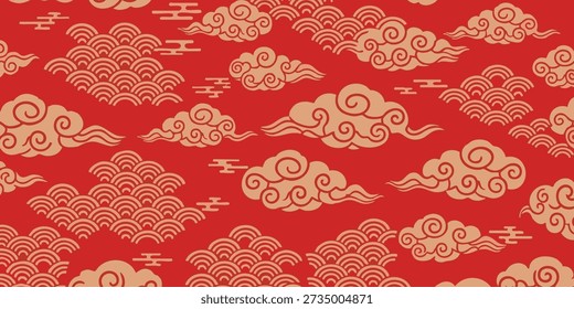 Traditional Asian pattern featuring clouds and swirls on red background
