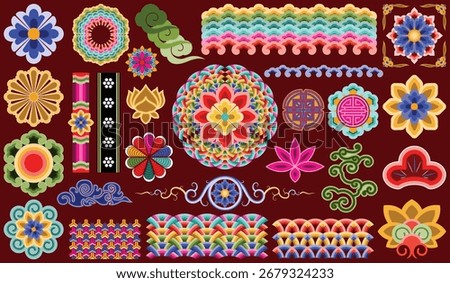 Traditional Asian Pattern Set – Colorful Korean and Chinese Ornaments, Lotus, Clouds, and Floral Mandala Elements
