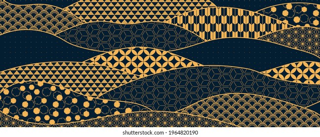 Traditional Asian patterns abstract background, gold on blue. Oriental, eastern style vector illustration. Design concept for Chinese New Year, Mid autumn festival elegant minimal card, poster, banner