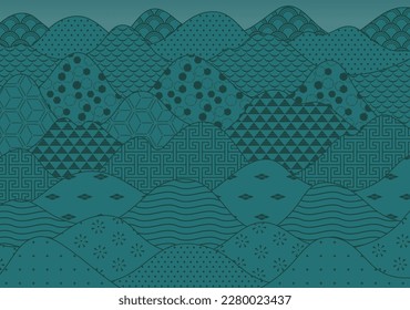 Traditional Asian patterns abstract mountains, waves, clouds background. Eastern style vector illustration. Design concept for Mid Autumn Festival, Chinese New Year backdrop, card, poster, banner
