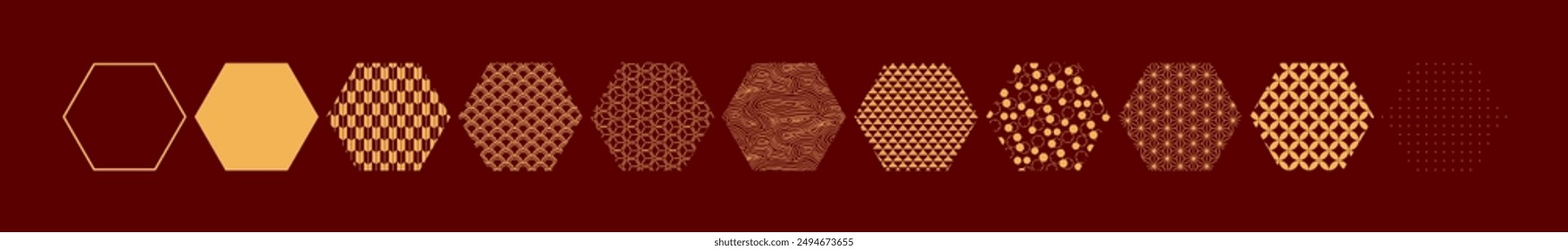Traditional Asian patterns hexagonal design elements collection, isolated clip art. Abstract geometric vector illustration. Lunar New Year, Mid Autumn Festival, Dragon Boat Festival holiday set