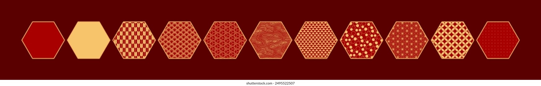 Traditional Asian patterns hexagonal design elements collection, isolated clip art. Abstract geometric vector illustration. Lunar New Year, Mid Autumn Festival, Dragon Boat Festival holiday set