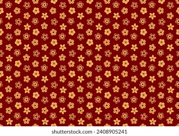 Traditional Asian plum, cherry blossoms gold seamless pattern on red background. Vector illustration. Flat style design. Lunar New Year, Mid Autumn Festival holiday backdrop, package, banner