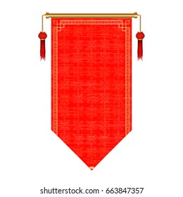 A traditional Asian scroll of red color with oriental ornament. Isolated object on white background.