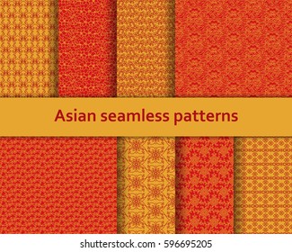 Traditional Asian seamless patterns set. Detailed decorative motifs. Red and orange colors. Vector illustration.