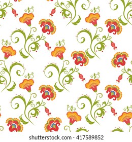 Traditional Asian seamless vector pattern with detailed flowers and swirls. Tribal floral background