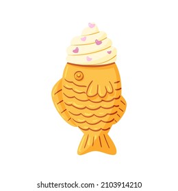 Traditional Asian street food. Taiyaki waffle snack vector illustration hand drawn in cartoon style and isolated on white background. Little fish-shaped bun with ice cream