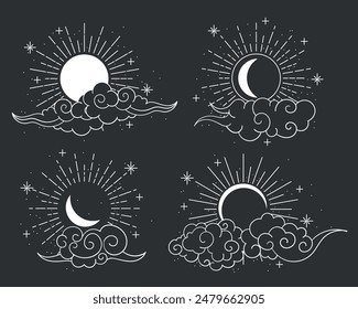 Traditional asian sun moon with clouds. Cartoon white sun moon cloud stars set isolated vector illustration