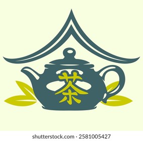 Traditional Asian teapot with green tea leaves and pagoda roof design. Chinese inscription Tea