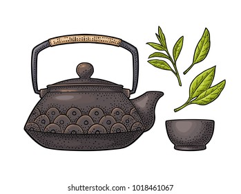 Traditional asian teapot with pattern and cup. Vector color vintage engraving illustration isolated on white background. Hand drawn design element for label, menu, invitation tea ceremony