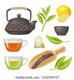 Traditional asian teapot with pattern and cup. Wooden scoop with with dry tea leaves. Vector color realistic illustration isolated on white. Hand drawn design for label, menu, invitation tea ceremony