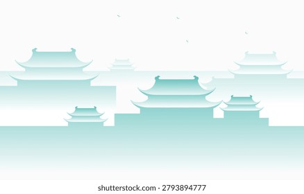 Traditional Asian temples rise softly against misty skies. Graceful roofs curve with elegance, framed by gentle haze. Silent structures whisper ancient wisdom through serene stillness