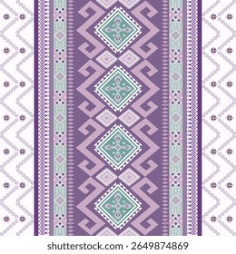 Padrão tradicional de têxteis tribais asiáticos com motivos geométricos em tons de roxo e verde de menta. Inspirado pela tecelagem da tribo de montanha e pelo design do tecido étnico 