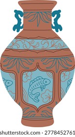 Traditional Asian vase vector icon. Vintage oriental pottery with blue and brown floral ornaments and fish. Porcelain tableware art. Chinese culture interior design element. Authentic amphora line art