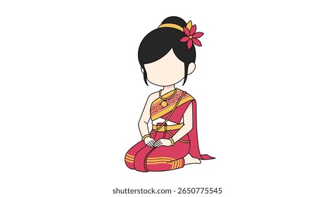 Mulher asiática tradicional em trajes vermelhos elegantes realizando um arco gracioso