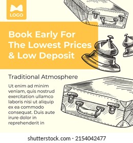 Traditional atmosphere in hotel or hostel, book early for lowest prices and deposits. Tourist attraction and travel agency. Advertisement and marketing banner or poster. Vector in flat style