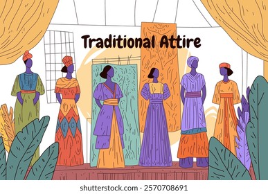 Traditional attire fashion show vibrant dresses colorful patterns diverse cultural clothing display abstract background design template