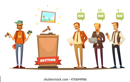 Traditional auction painting sale bidding participants with laptop tablet and cell phone retro cartoon people vector illustration