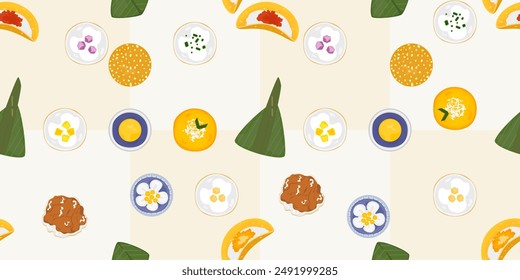Traditional auspicious Thai desserts Thai food, seamless cartoon pattern, cute pattern with bright colors, Vector illustration for paper cover, pattern, package, inside bright color background.