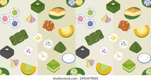 Traditional auspicious Thai desserts Thai food, seamless cartoon pattern, cute pattern with bright colors, Vector illustration for paper cover, pattern, package, inside bright color background.