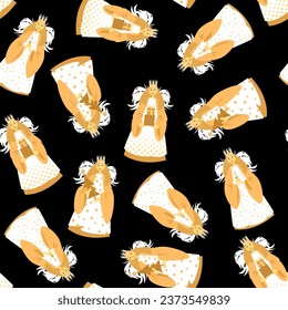 Traditional austrian christmas character “Christkind” (the Christ Child). Angel girl with white feather wings and blond curls. Seamless background pattern. Vector illustration

