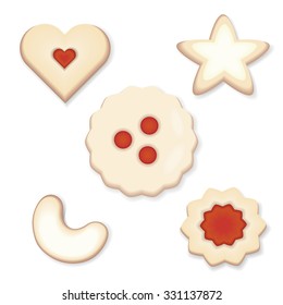 Traditional Austrian Christmas cookies - Linzer cookies, cinnamon star and Vanillekipferl (vanilla crescent) isolated on white with shadow, vector illustration