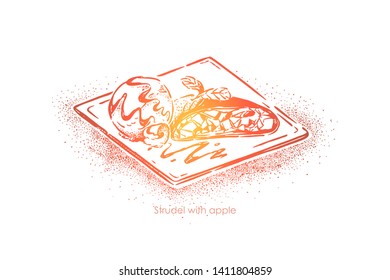 Traditional austrian dish, strudel with apple, tasty baking with fruit filling, bakery, restaurant menu. Delicious german dessert, homemade pastry concept sketch. Hand drawn vector illustration