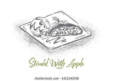 Traditional austrian dish, strudel with apple, tasty baking with fruit filling, bakery, restaurant menu. Delicious german dessert, homemade pastry concept sketch. Hand drawn vector illustration