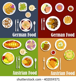 Traditional austrian and german cuisine with grilled sausages and fried potatoes, red cabbage salads, baked fish and meat, thick soups and spaetzle noodles, egg souffle, pretzels and walnut cakes