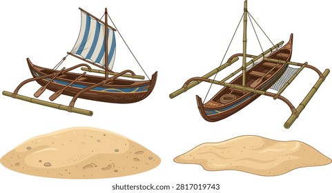 Traditional Austronesian Outrigger Canoe Vector Set Featuring Bamboo Bangka Proa Sailing Boats and Sand Mound Elements for Tropical Fishing and Maritime Adventure Graphics.eps