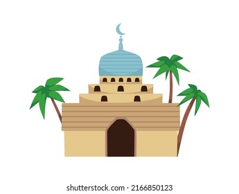 Traditional and authentic Arabian Mosque for prayers, flat vector illustration isolated on white background. Islamic building with palm trees. Ancient Arabian street architecture.