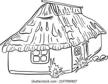 Traditional authentic Ukrainian Hut with a thatched roof and flowers in the yard. Black and white vector illustration. For coloring books, postcards.