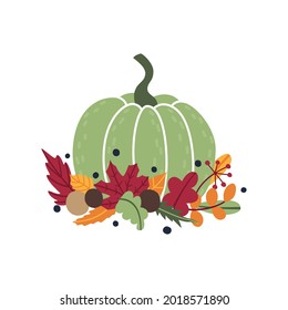 Traditionelle Herbstzusammensetzung mit grünem Kürbis und gefallenen Blättern. Schönes und süßes Cartoon-flaches Herbarium. Element oder Objekt für Kartendesign für Ernteurlaub, Thanksgiving, Halloween. Clipart 