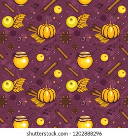 Traditional autumn seamless pattern with pumpkin, apples, jar of honey, spices and berries. Vector illustration on violet background for season decoration, fabric, wrapping paper and textile.