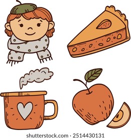 Símbolos tradicionales de otoño: pastel de manzana, comida, ropa de abrigo, una niña con un pañuelo en la cabeza, manzana, cacao, té. Vector dibujado aislado en blanco. Estilo de vida cómodo. Sentimiento de otoño.