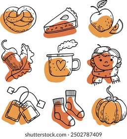 Símbolos tradicionales de otoño: follaje, plantas, comida, ropa de abrigo, una niña con una bufanda, calabaza, manzana, pastel, hojas y bayas, cacao. Vector dibujado aislado en blanco. Estilo de vida cómodo. Sentimiento de otoño.