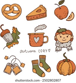 Símbolos tradicionales de otoño: follaje, plantas, comida, ropa de abrigo, una niña con una bufanda, calabaza, manzana, pastel, hojas y bayas, cacao. Vector dibujado aislado en blanco. Estilo de vida cómodo. Sentimiento de otoño.