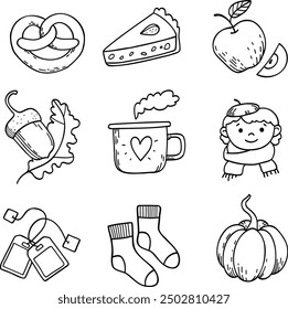 Símbolos tradicionales de otoño: follaje, plantas, comida, ropa de abrigo, una niña con una bufanda, calabaza, manzana, pastel, hojas y bayas, cacao. Vector dibujado aislado en blanco. Estilo de vida cómodo. Sentimiento de otoño.